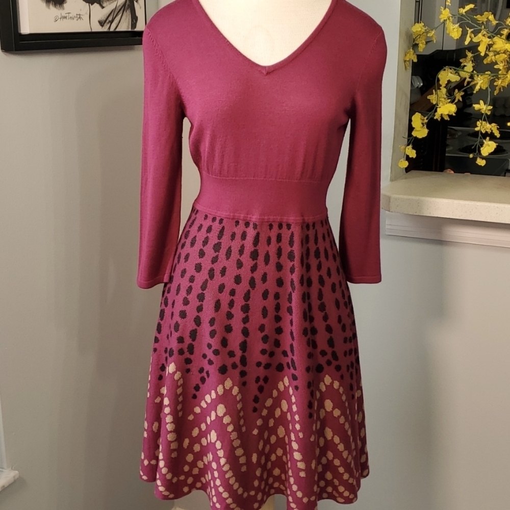 Spense Berry V-Neck Knit Fit-and-Flare Dress